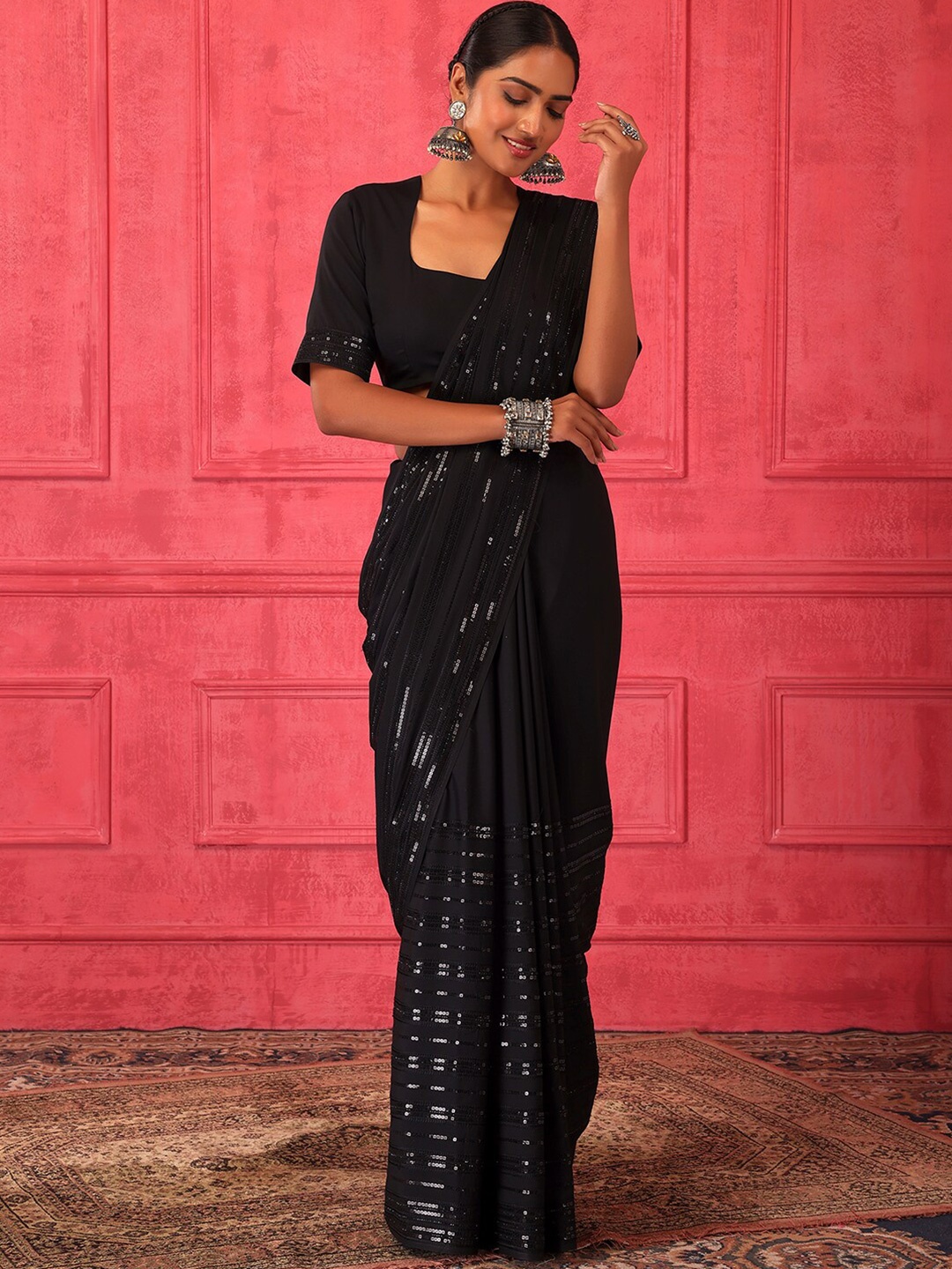 

Indya Luxe Embellished Sequinned Saree With Stiched Blouse, Black