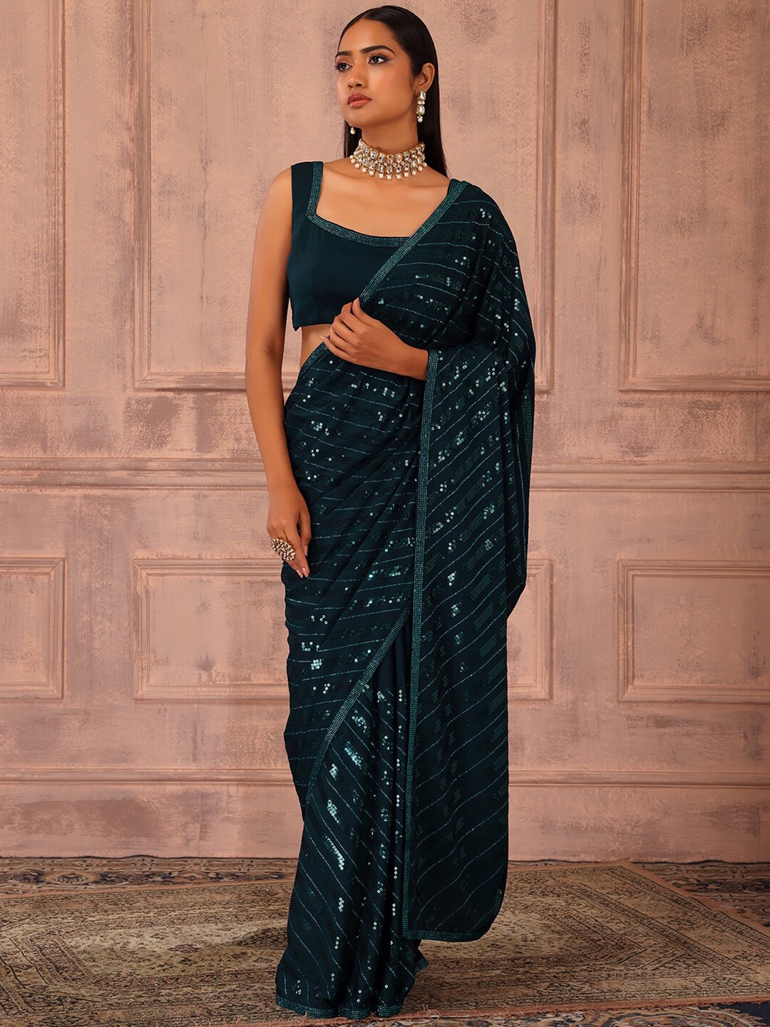 

Indya Luxe Embellished Sequinned Saree With Stiched Blouse, Blue