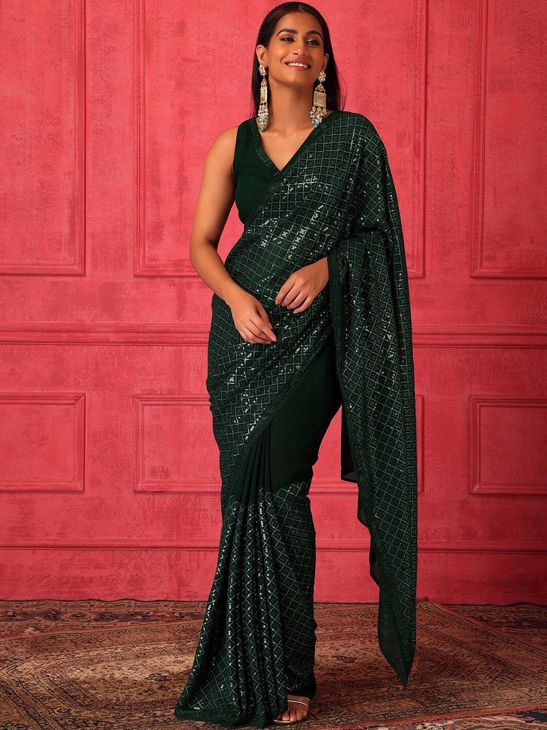 

Indya Luxe Embellished Sequinned Saree With Stiched Blouse, Green