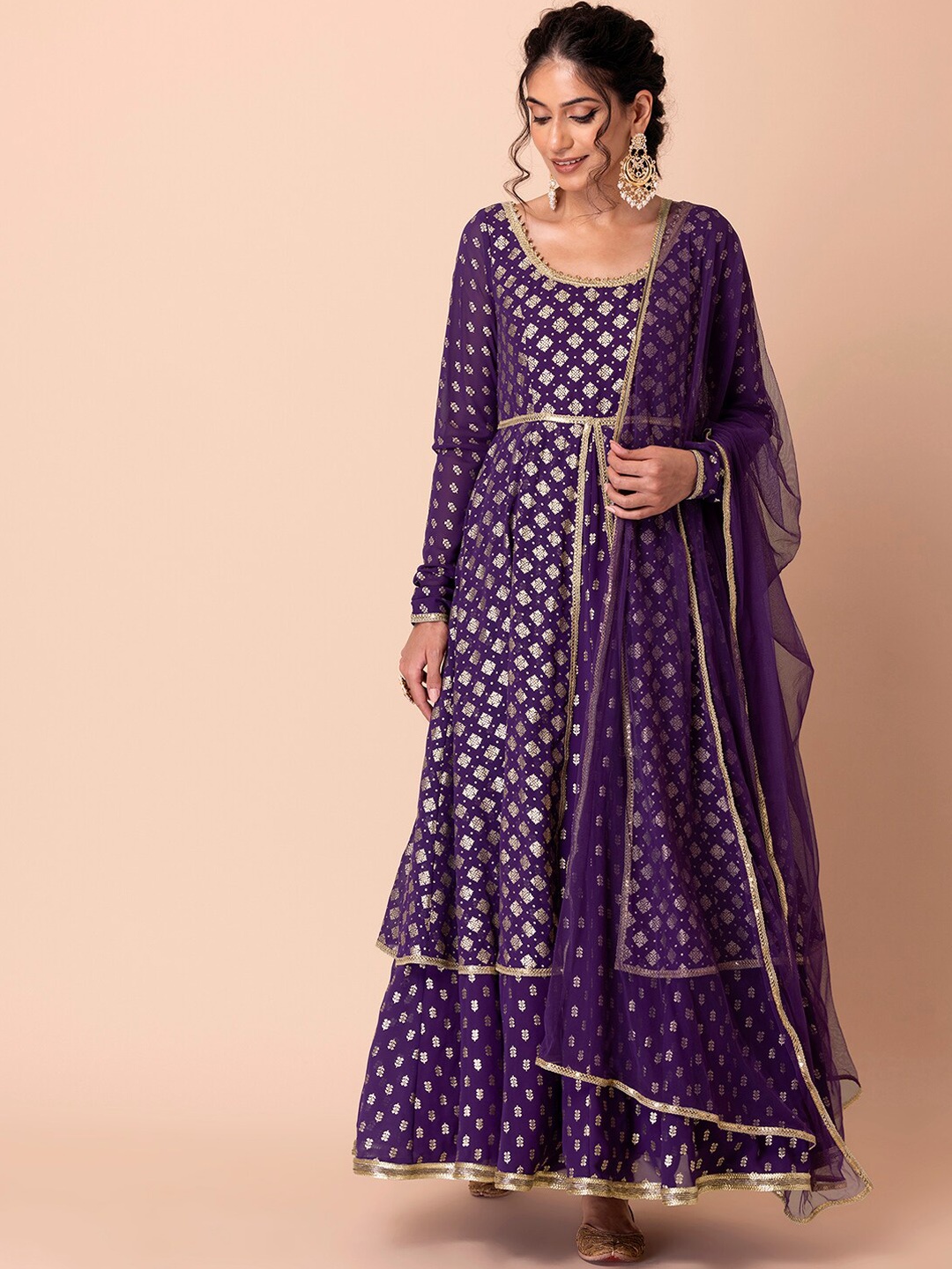 

Indya Luxe Ethnic Foil Printed Layered Empire Gotta Patti Kurta With Skirt & Dupatta, Purple