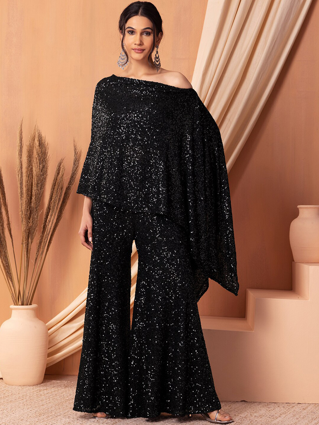 

Indya Luxe Sequinned One Shoulder Top with Flared Palazzos Co-ords, Black
