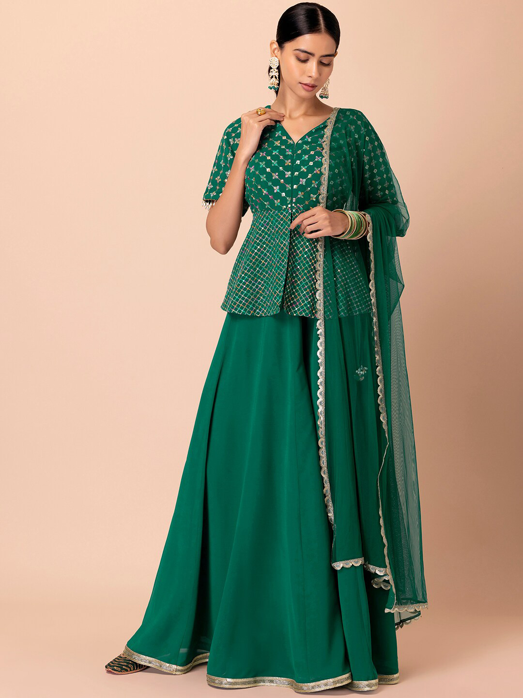 

Indya Luxe Ethnic Motifs Embroidered Empire Georgette Top With Palazzos & Dupatta, Green