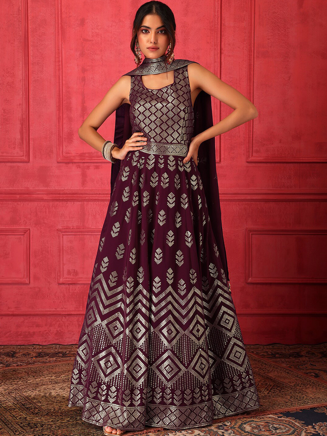 

Indya Luxe Ethnic Motifs Embellished Georgette Maxi Dress, Purple