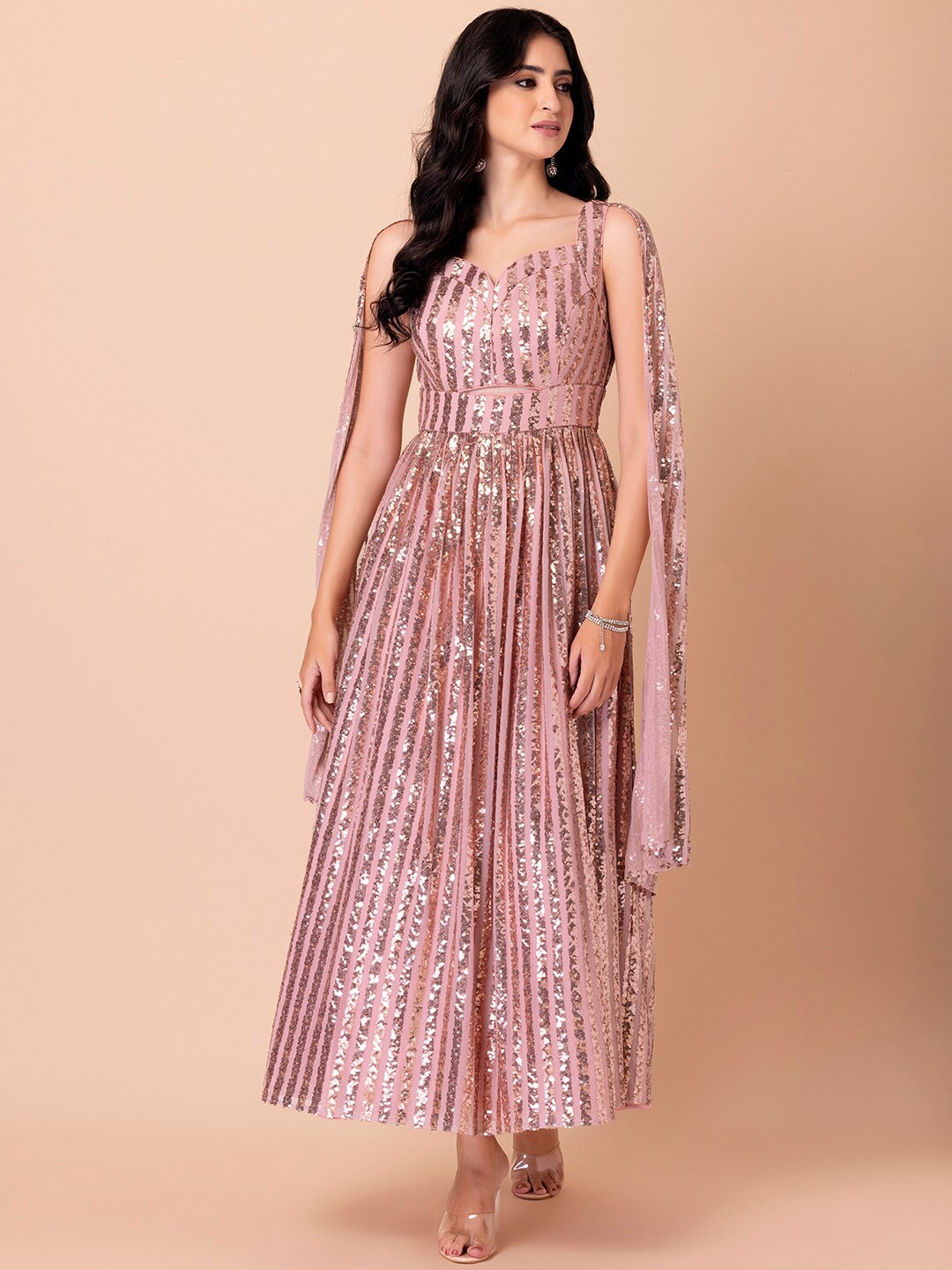 

Indya Luxe Embellished Slit Sleeves Georgette Party Maxi Dress, Pink