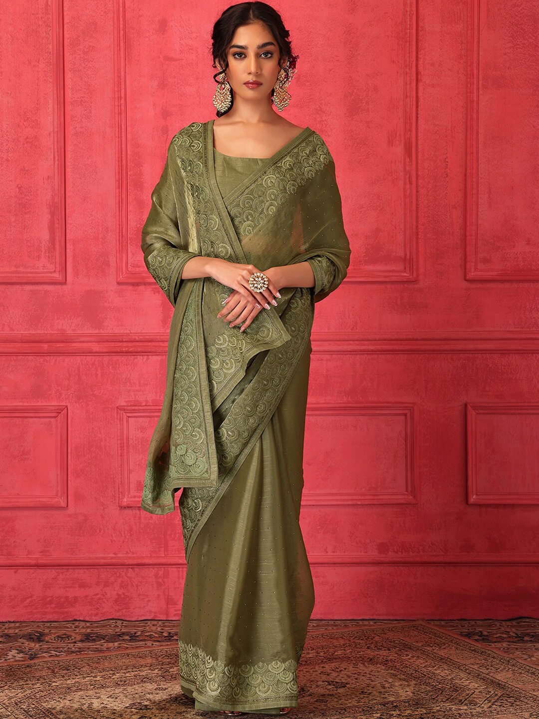 

Indya Luxe Embroidered Saree With Stitched Blouse, Green