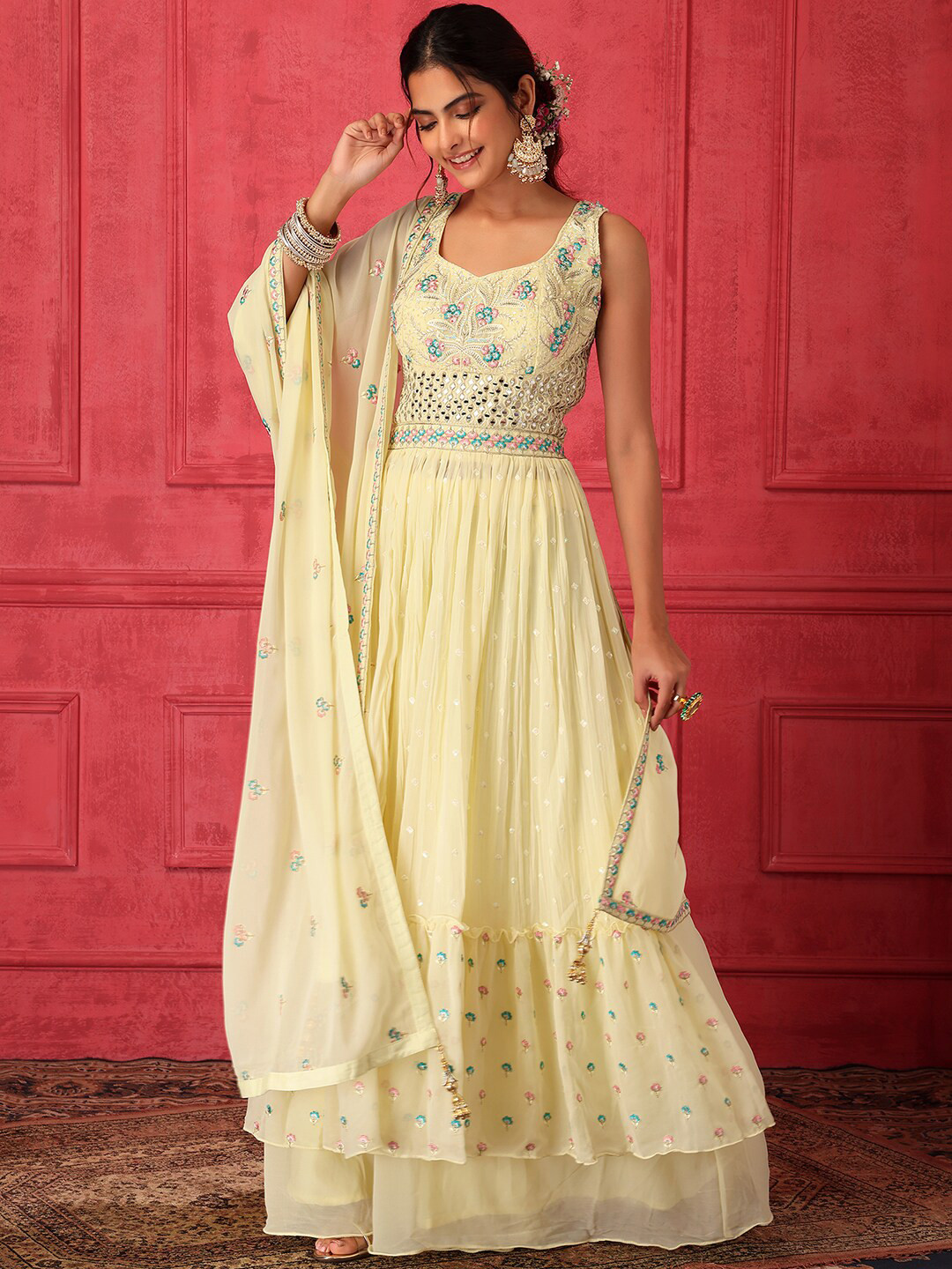 

Indya Luxe Floral Embroidered Mirror Work Tiered Kurta with Sharara & With Dupatta, Yellow