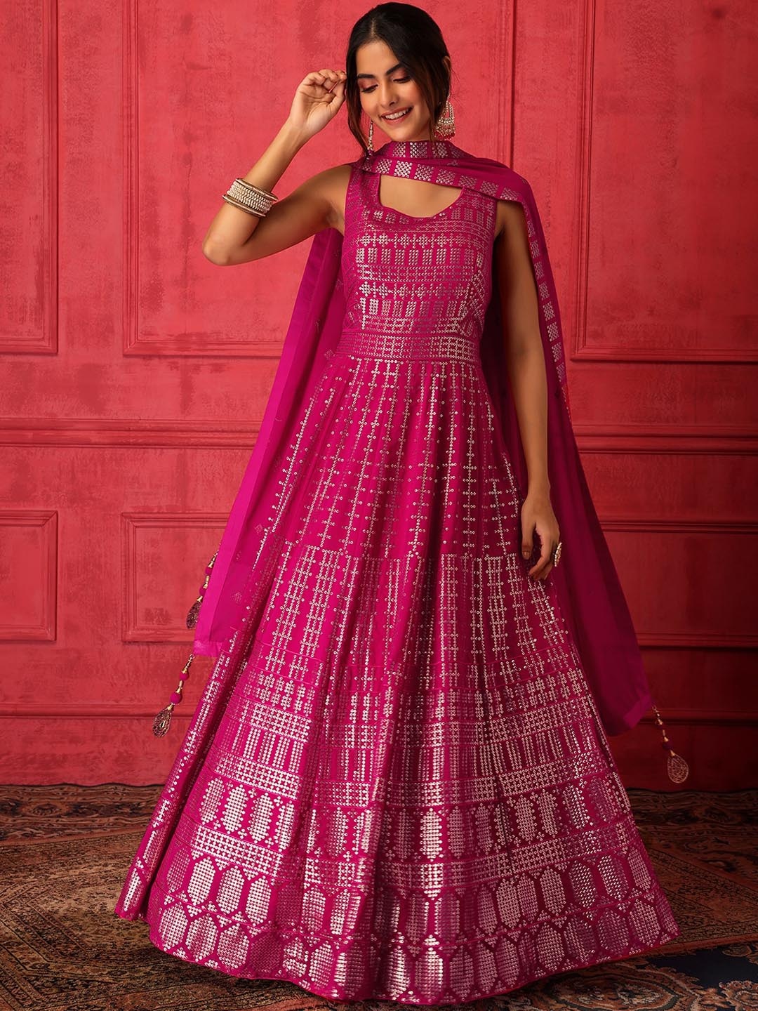 

Indya Luxe Ethnic Motifs Printed Sqaure Neck Georgette Ethnic Dress With Dupatta, Pink