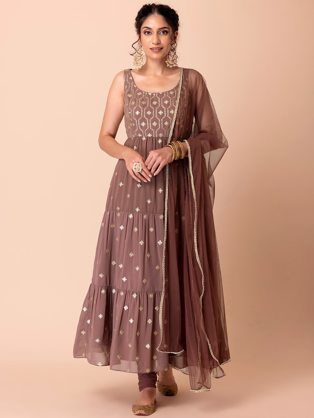 

Indya Luxe Floral Embroidered Regular Sequinned Kurta With Churidar & Dupatta, Brown