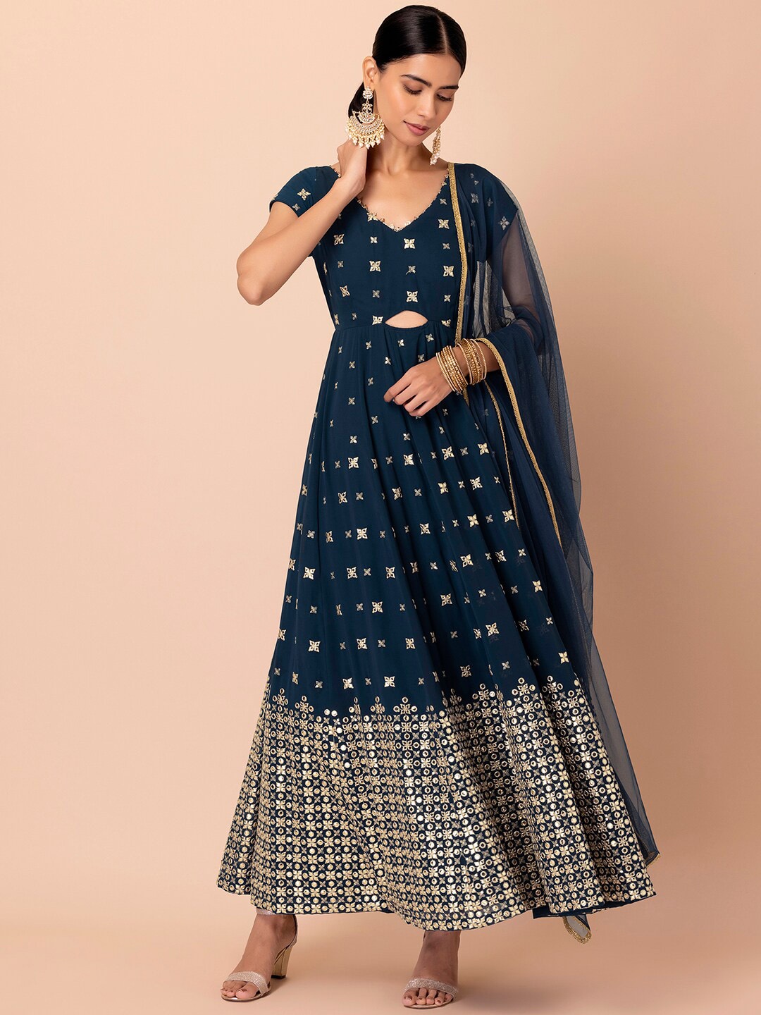 

Indya Luxe Floral Embroidered Ethnic Dress With Dupatta, Navy blue