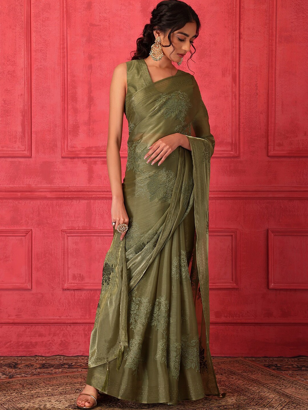 

Indya Luxe Embroidered Saree With Stitched Blouse, Olive