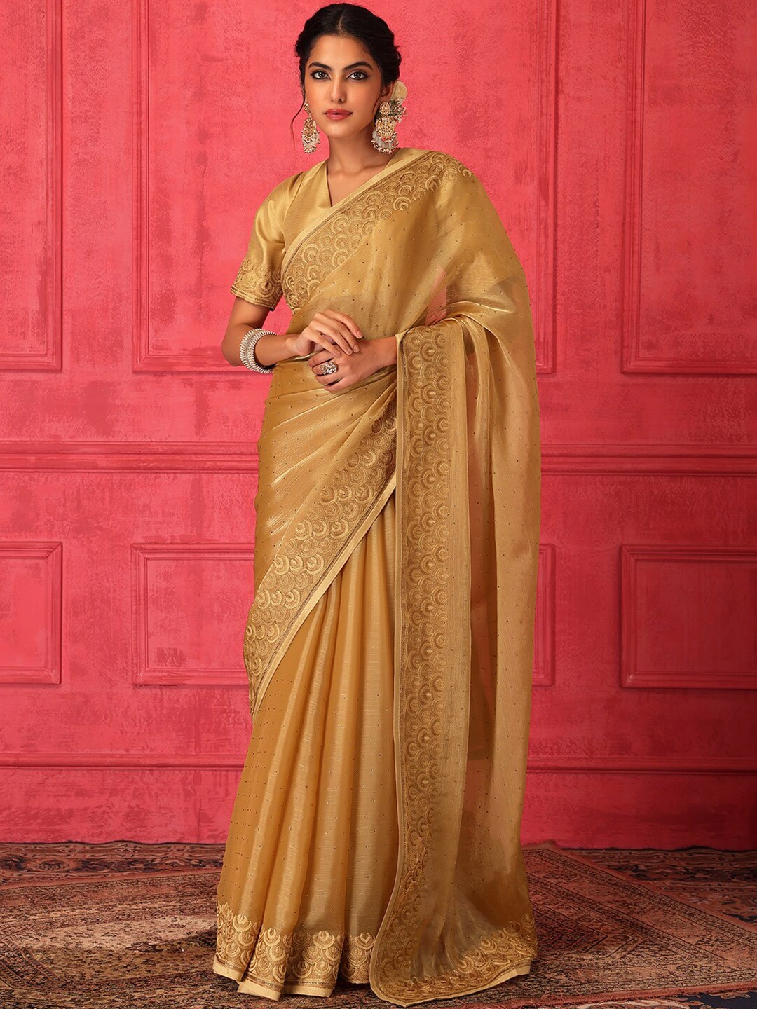 

Indya Luxe Embroidered Saree With Stitched Blouse, Gold