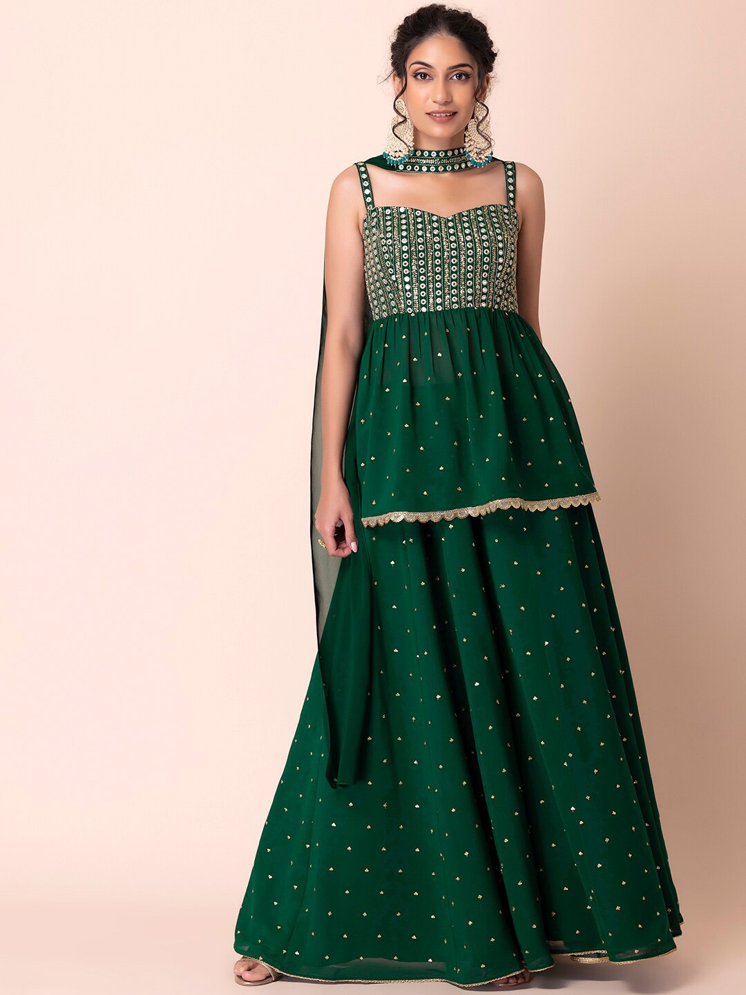 

Indya Luxe Geometric Embroidered Mirror Work Kurti with Sharara & Dupatta, Green