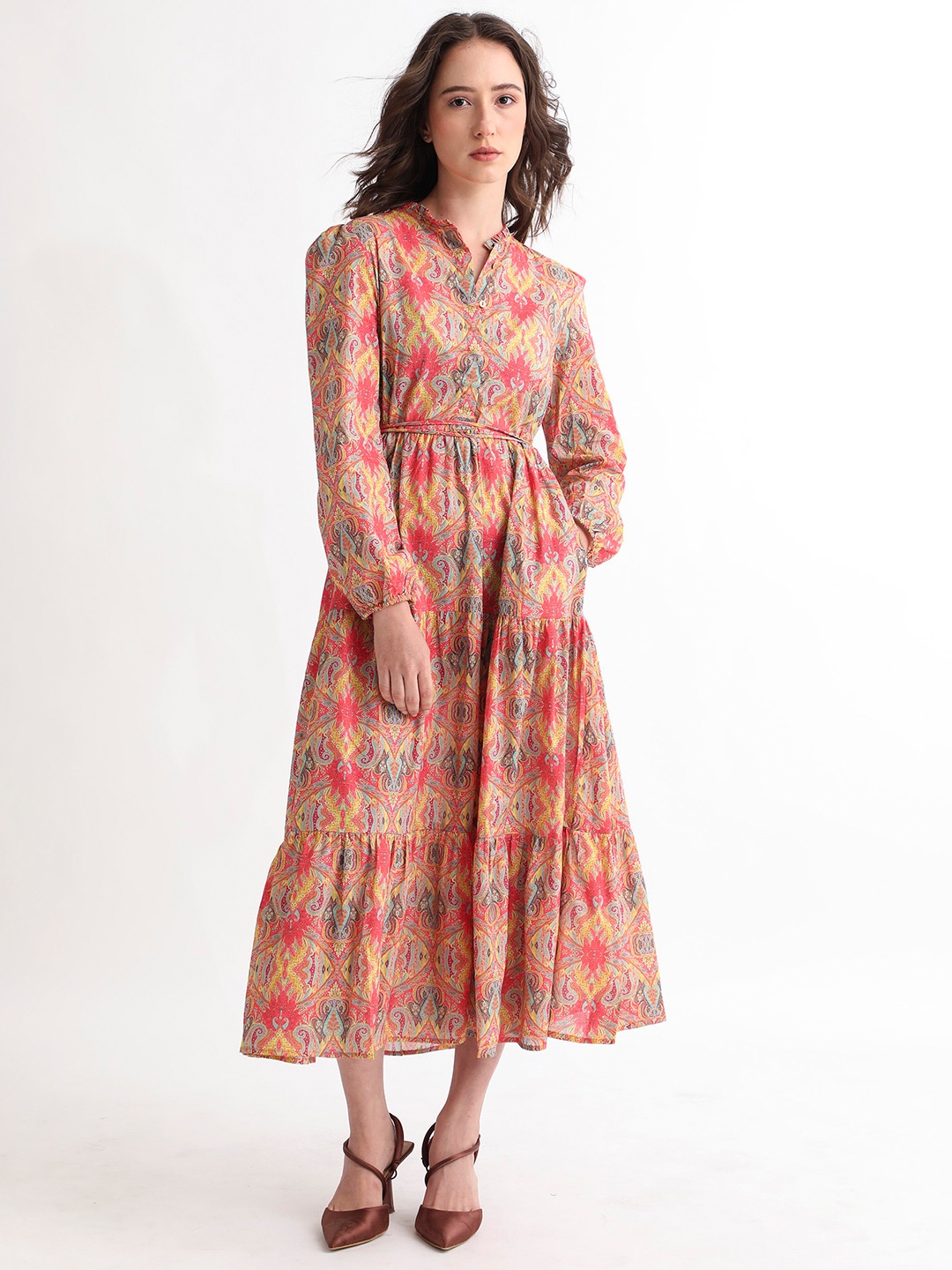 

RAREISM Ethnic Motifs Printed Cuffed Sleeves Midi Dress, Orange