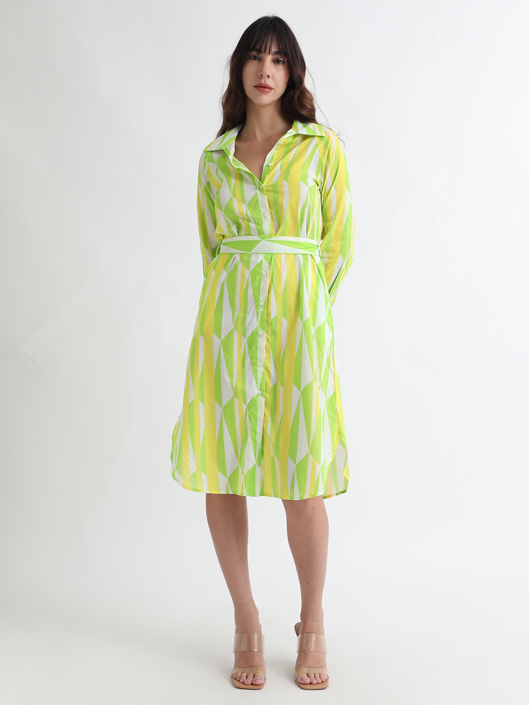 

RAREISM Geometric Printed & Tie Up Detailed Cotton Shirt Dress, Lime green