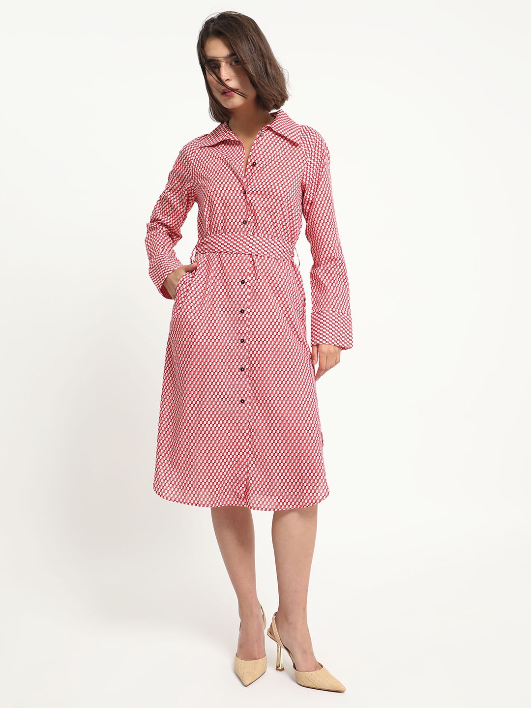 

RAREISM Abstract Printed Tie Up Detailed Shirt Dress, Pink