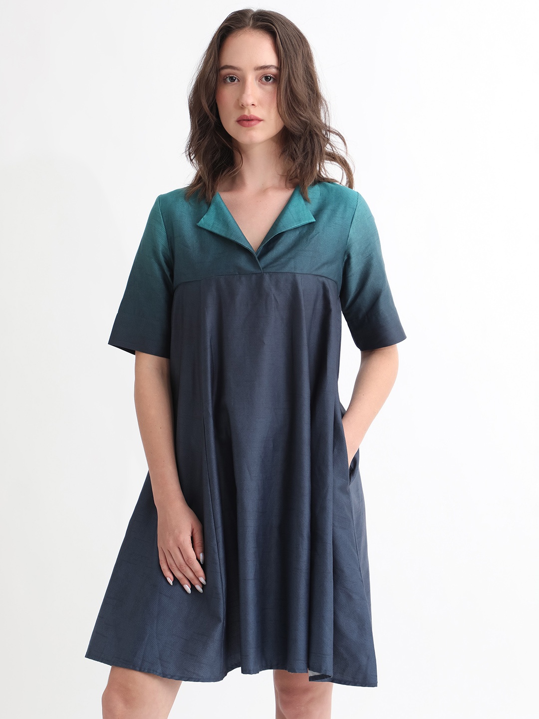 

RAREISM V-Neck Cotton A-Line Dress, Blue