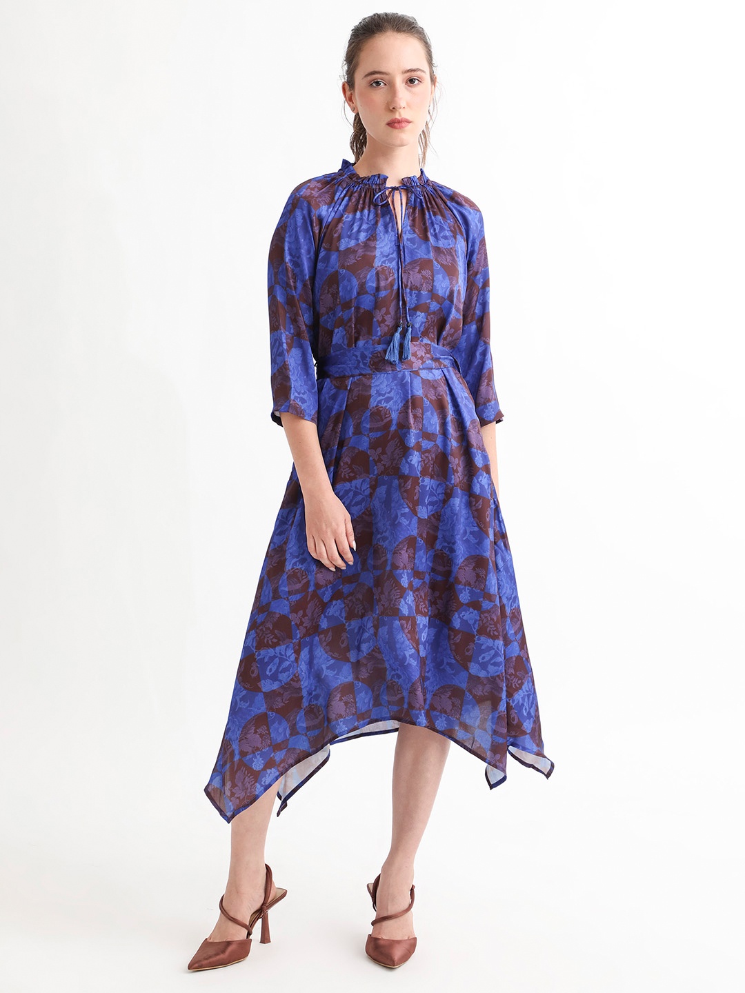 

RAREISM Abstract Printed & Tie Up Detailed Fit & Flare Dress, Blue