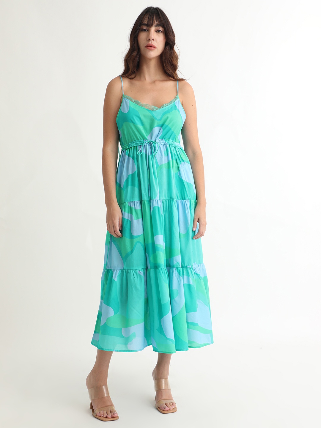 

RAREISM Abstract Printed & Tie Up Detailed Cotton Fit & Flare Tiered Dress, Turquoise blue