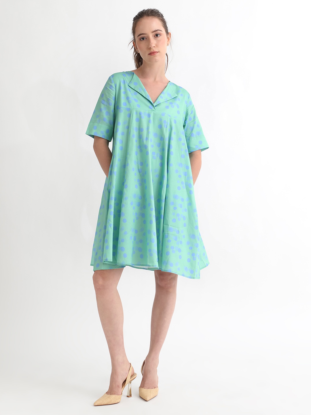 

RAREISM Polka Dot Printed Cotton A Line Dress, Turquoise blue