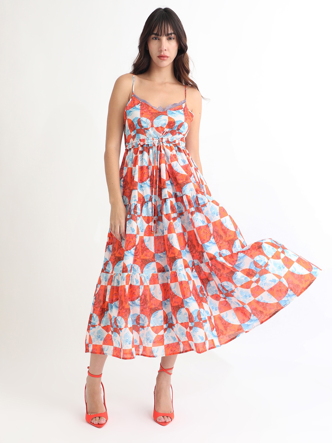 

RAREISM Abstract Printed & Tie Up Detailed Cotton Fit & Flare Tiered Dress, Orange