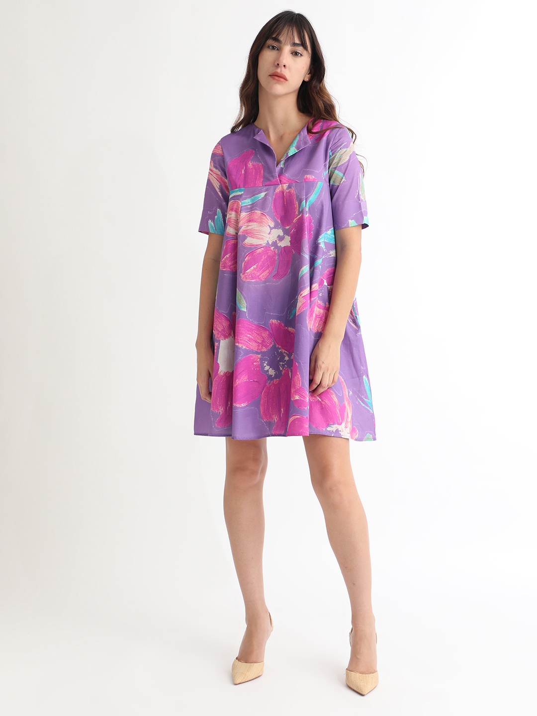 

RAREISM Abstract Printed Cotton A Line Dress, Purple
