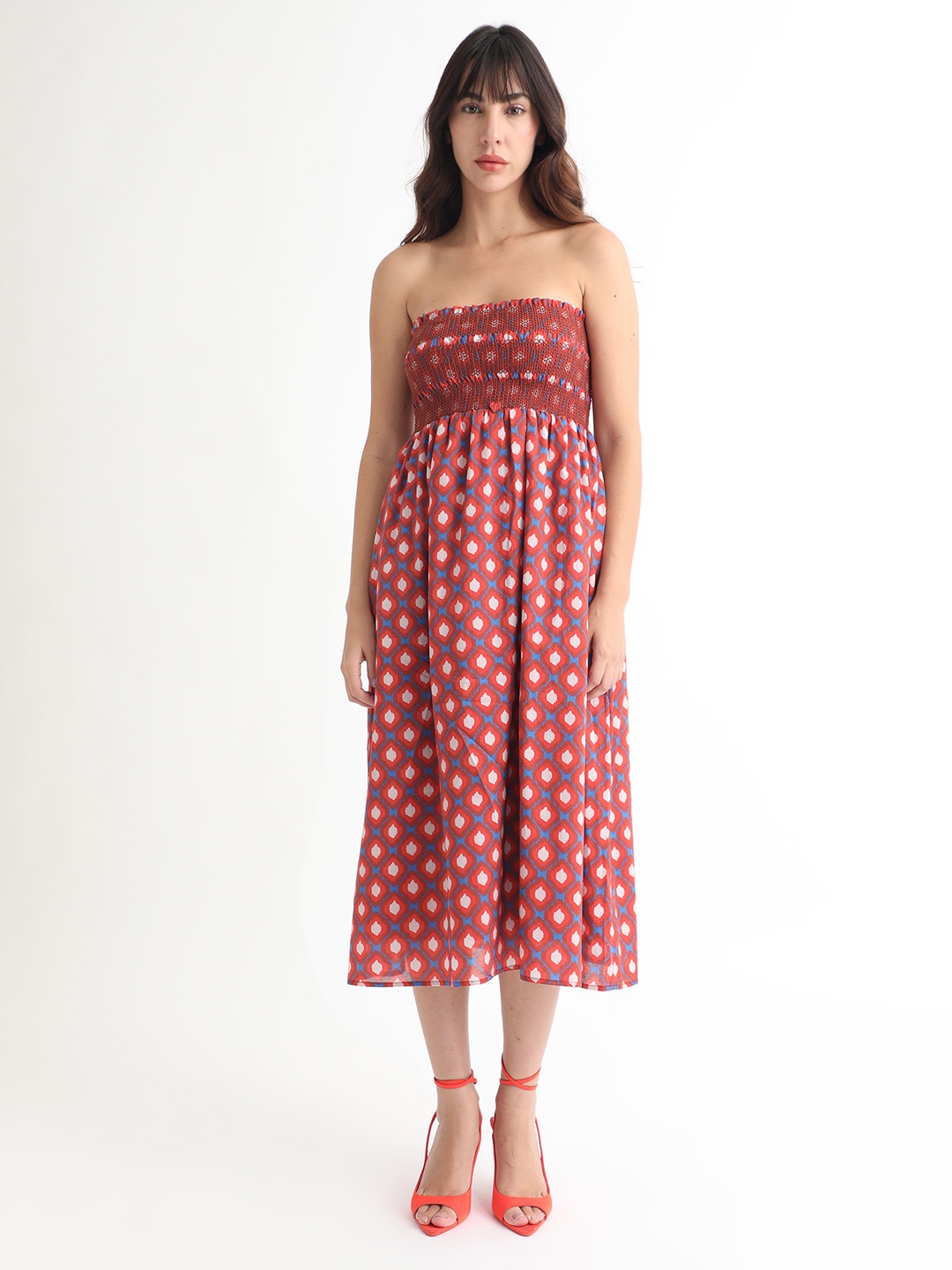 

RAREISM Red & White Polka Dot Printed Strapless Cotton Fit & Flare Midi Dress, Rust