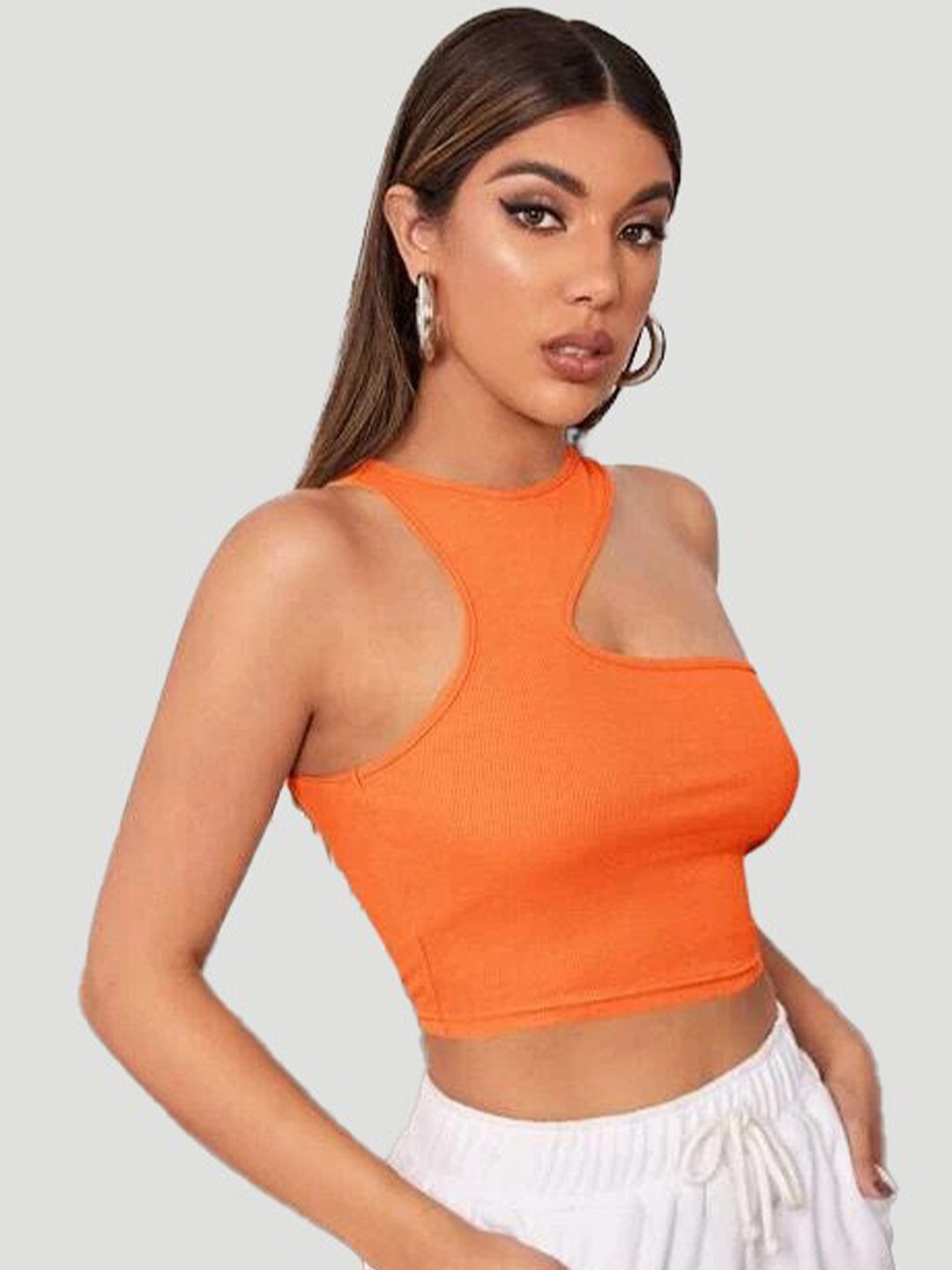 

MYWISHBAG Asymmetrical Shoulder Fitted Crop Top, Orange