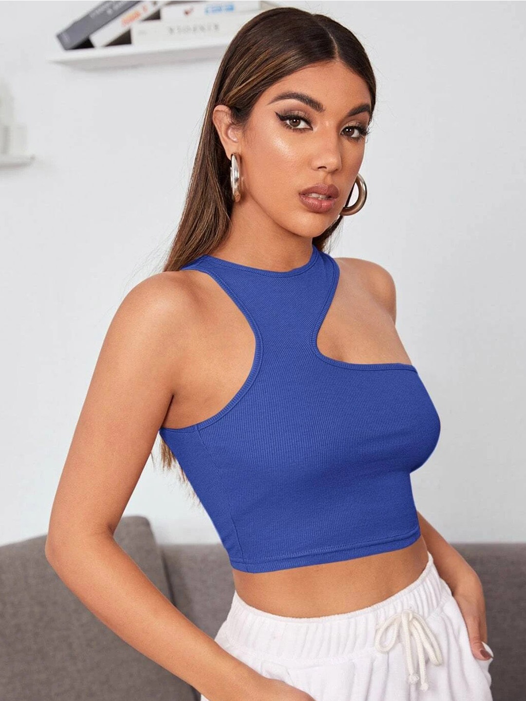 

MYWISHBAG Asymmetrical Shoulder Fitted Crop Top, Blue