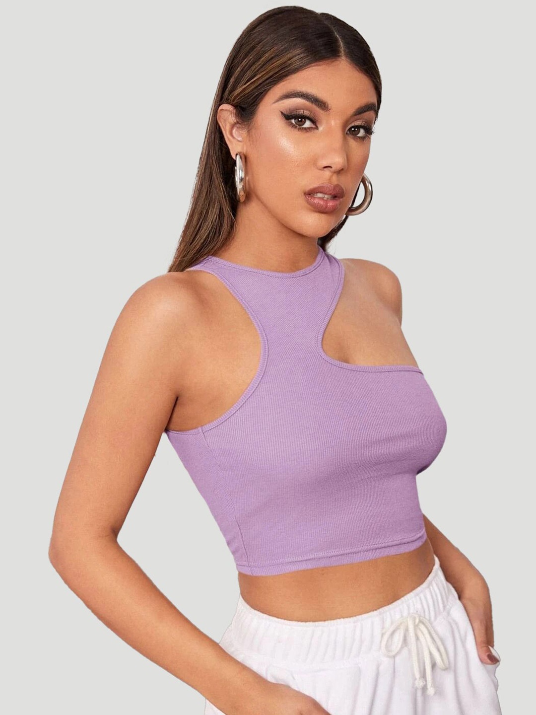 

MYWISHBAG Asymmetrical Shoulder Fitted Crop Top, Lavender