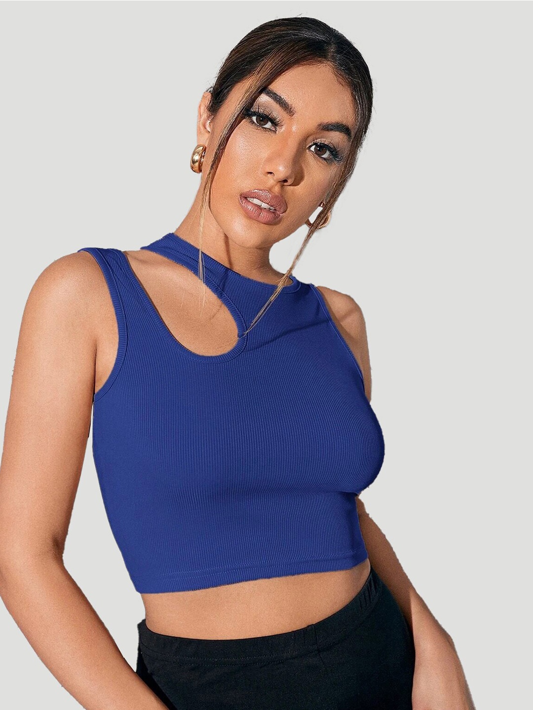 

MYWISHBAG Asymmetrical Neck Rib-knit Crop Top, Blue