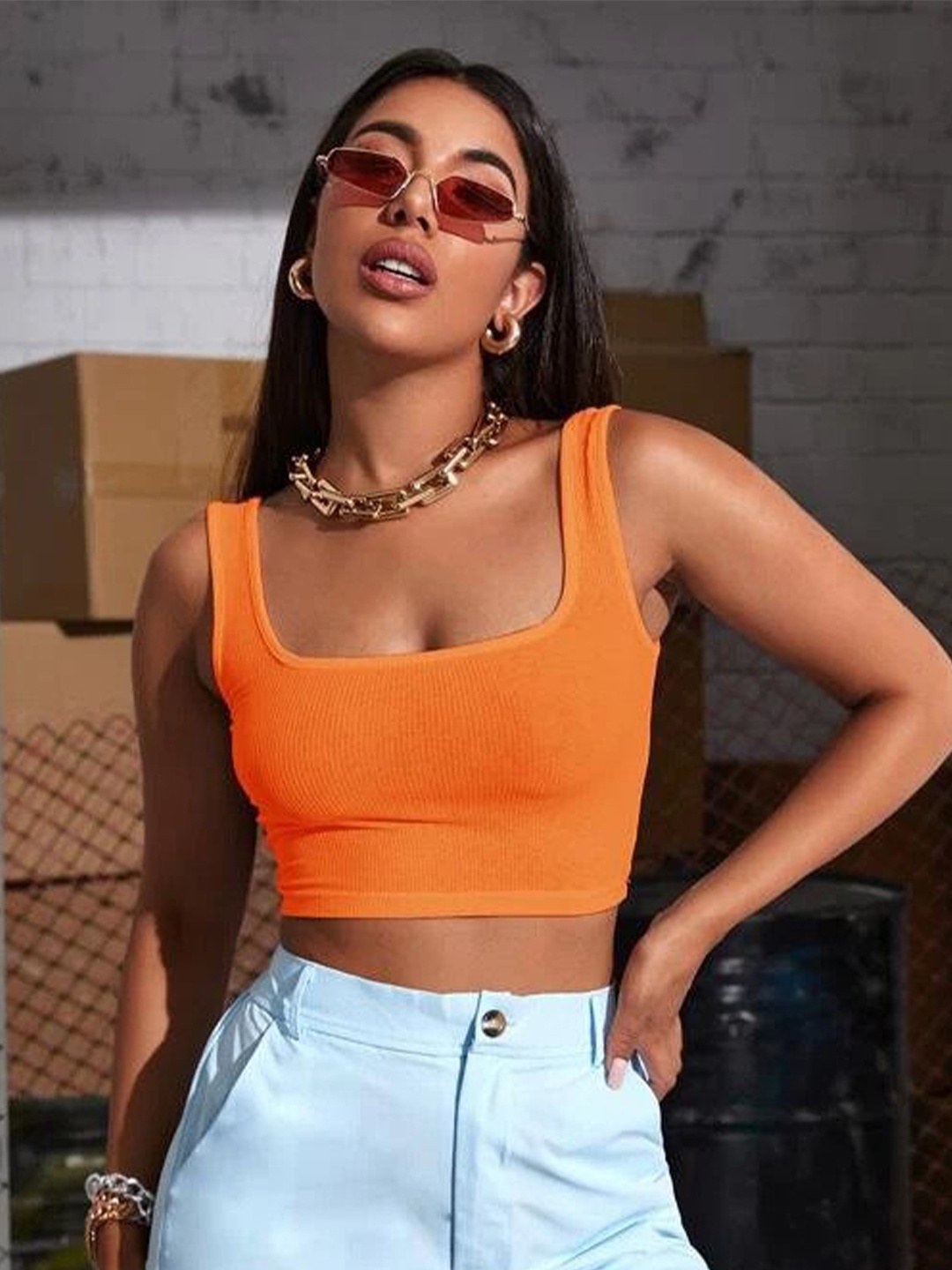 

MYWISHBAG Square Neck Rib-knit Crop Tank Top, Orange