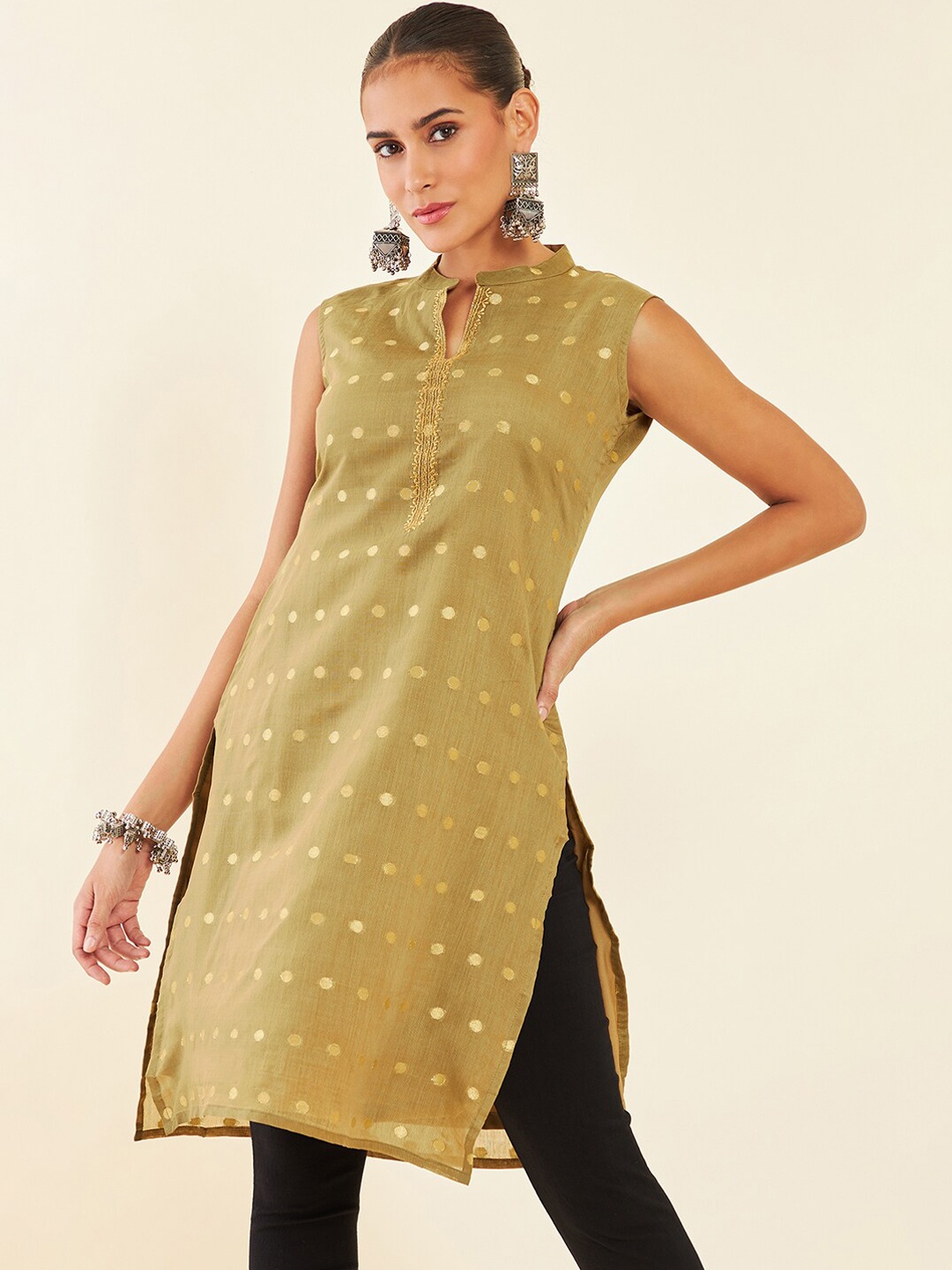 

Soch Geometric Woven Design Mandarin Collar Straight Chanderi Cotton Kurta, Olive