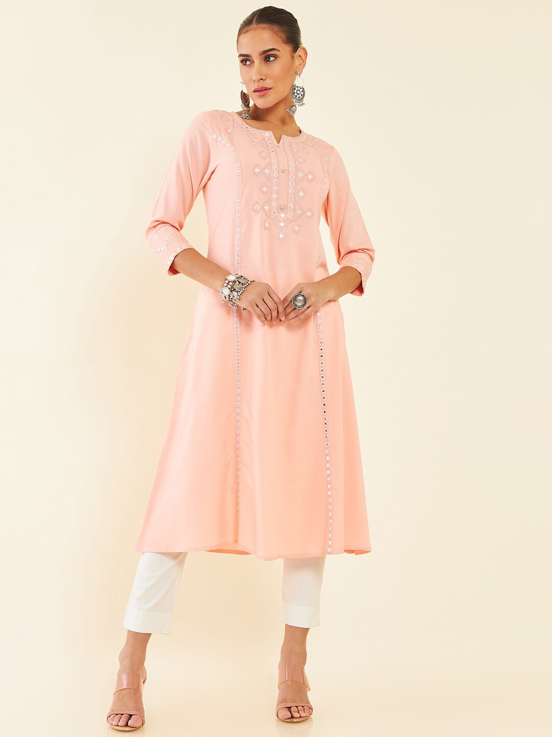 

Soch Embroidered Mirror Work A-Line Panelled Kurta, Peach