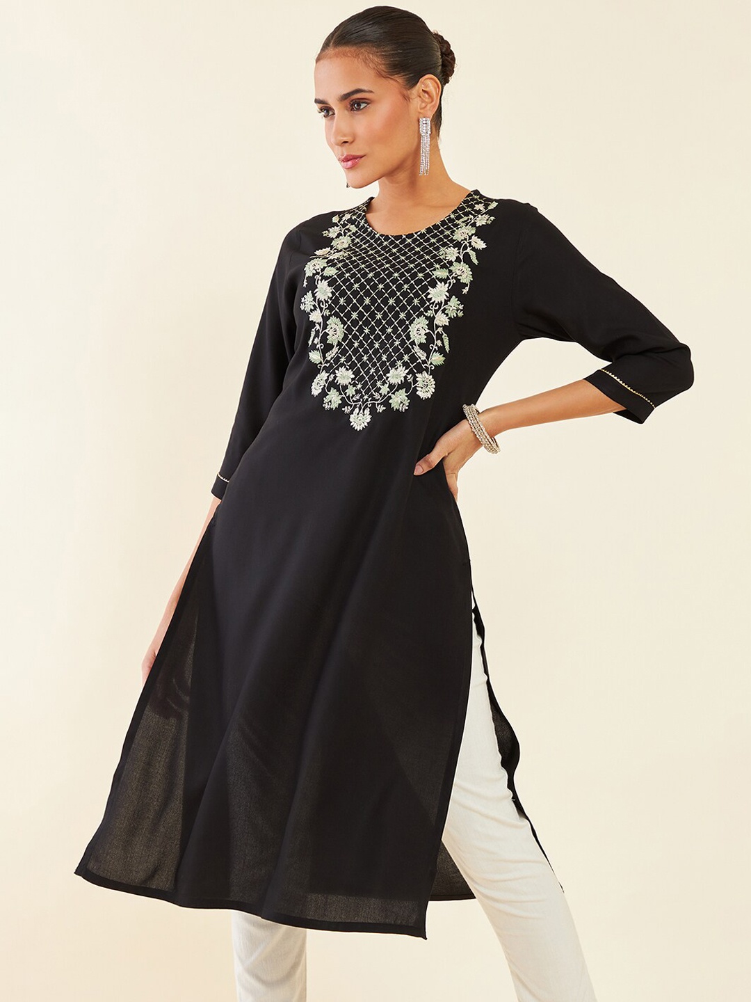 

Soch Embroidered Yoke Design Thread Work Kurta, Black