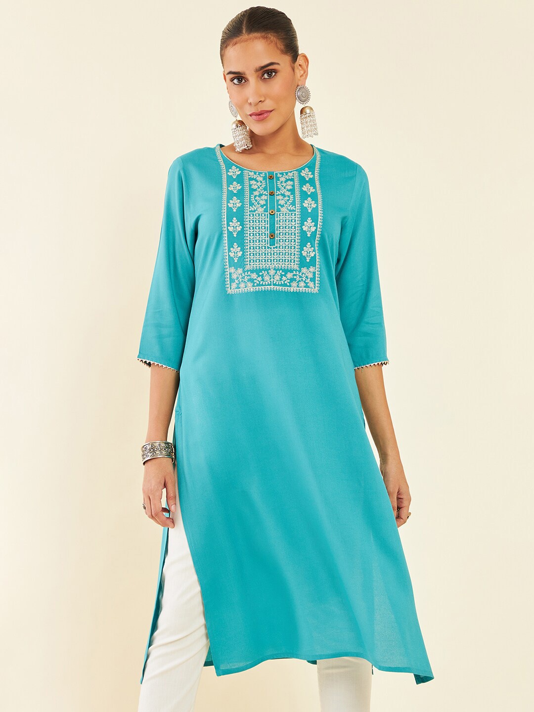 

Soch Embroidered Yoke Design Thread Work Kurta, Turquoise blue