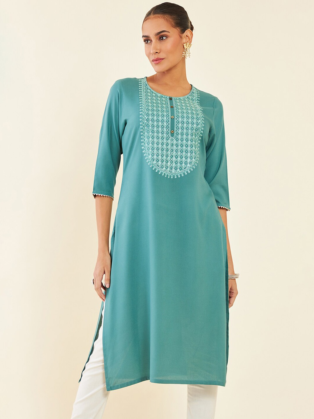 

Soch Green Yoke Design Ethnic Motif Embroidered Keyhole Neck Sequinned Kurta