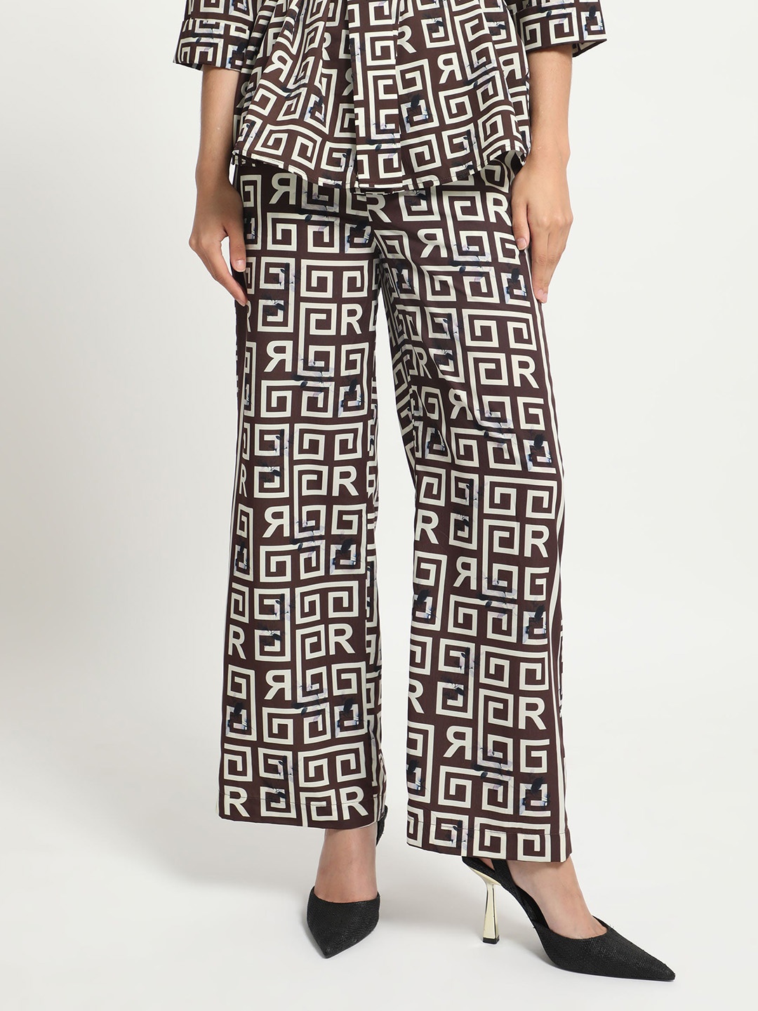 

RAREISM Women Printed Loose Fit High-Rise Parallel Trousers, Brown