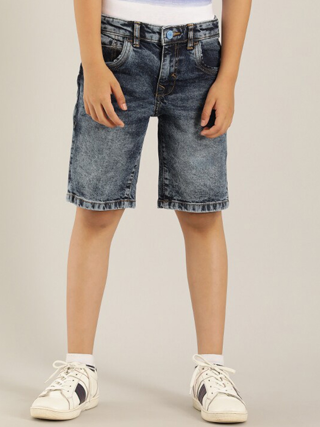 Indian Terrain Boys Washed Mid-Rise Pure Cotton Denim Shorts, Blue
