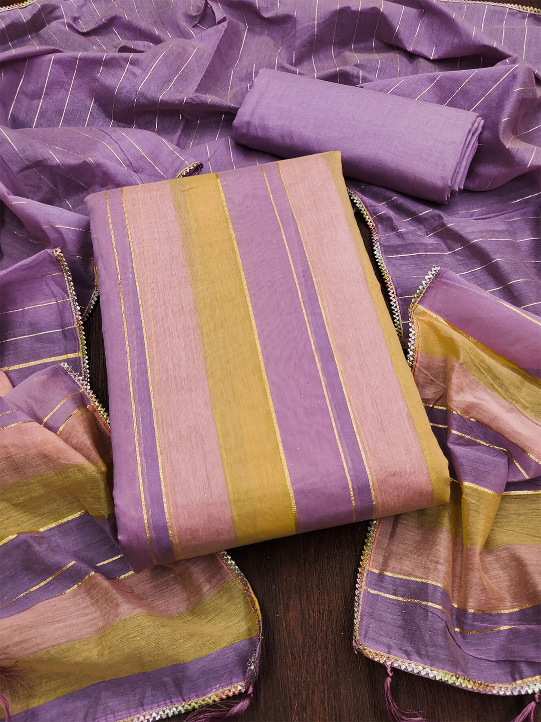 

KALINI Striped Unstitched Dress Material, Purple