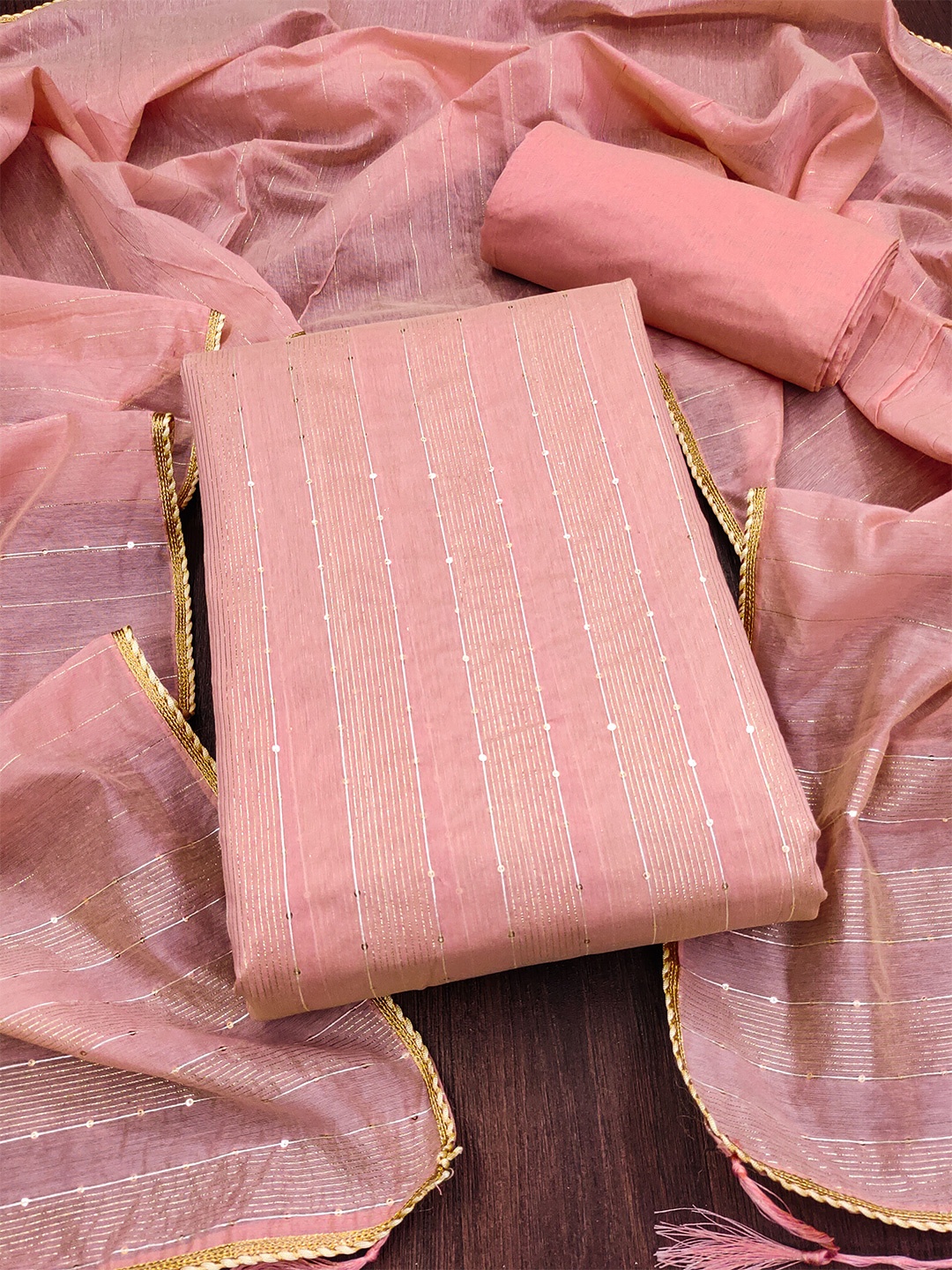 

KALINI Striped Dress Material With Dupatta, Peach