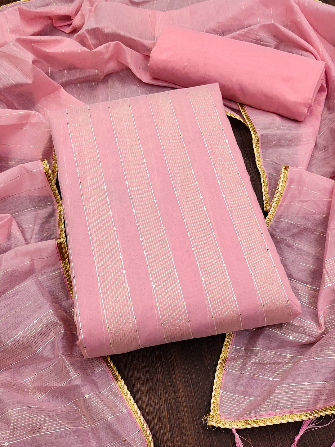 

KALINI Striped Dress Material With Dupatta, Pink