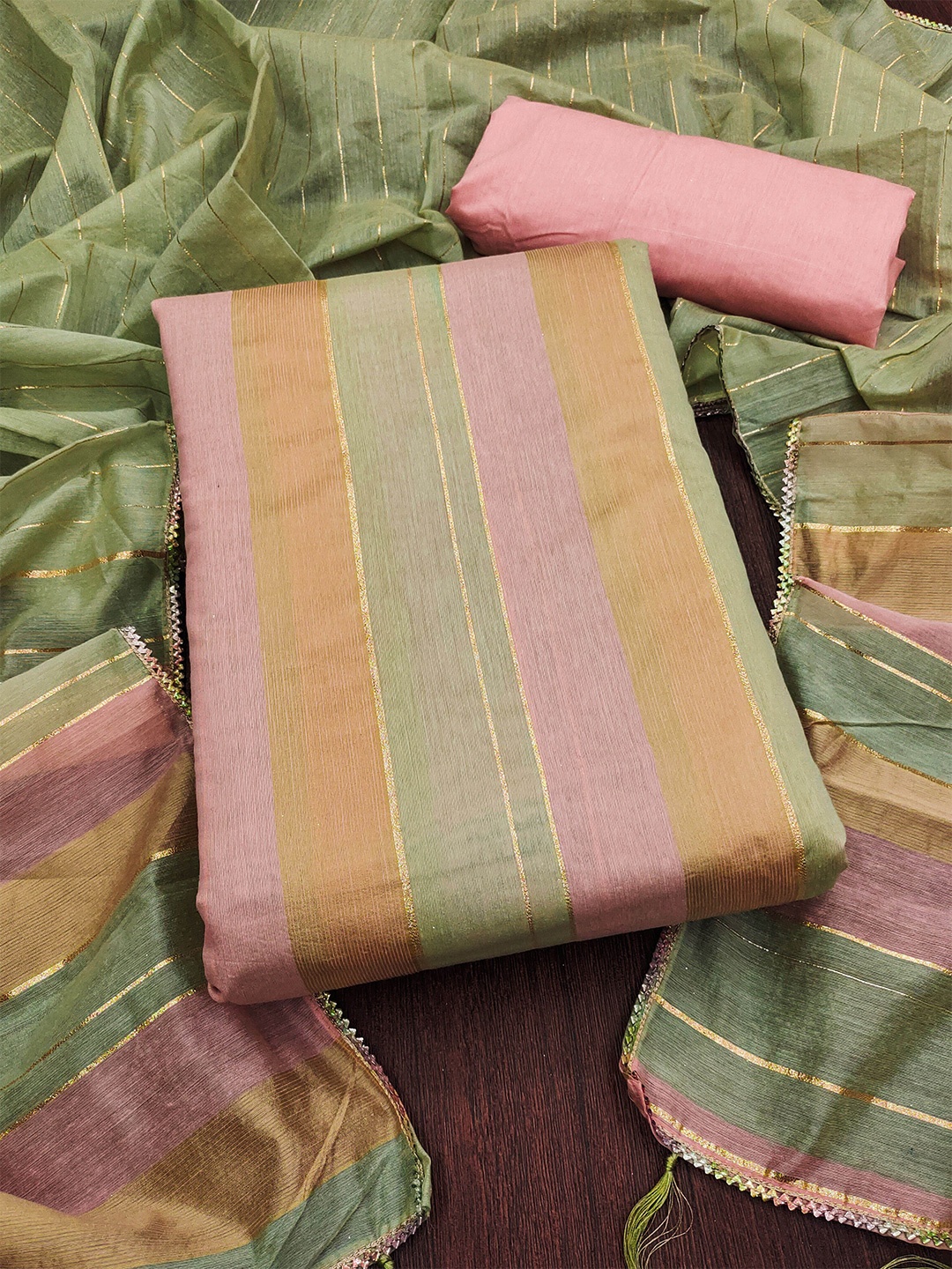 

KALINI Striped Dress Material With Dupatta, Green