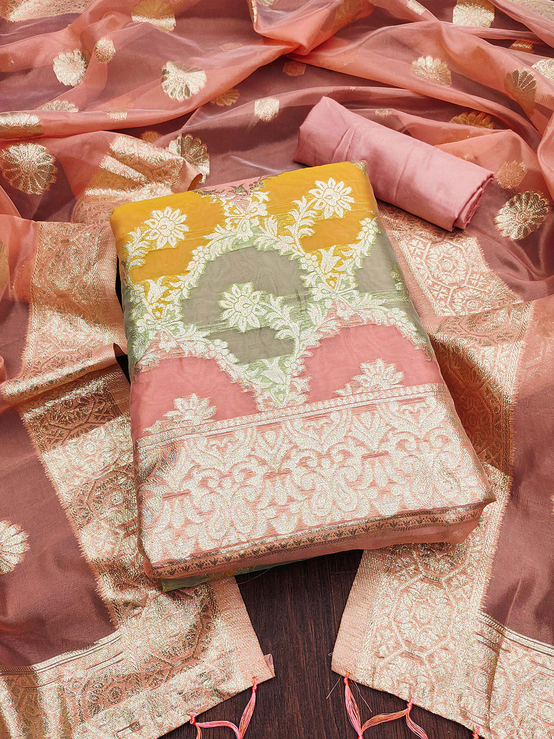 

KALINI Ethnic Motifs Woven Design Organza Dress Material, Pink