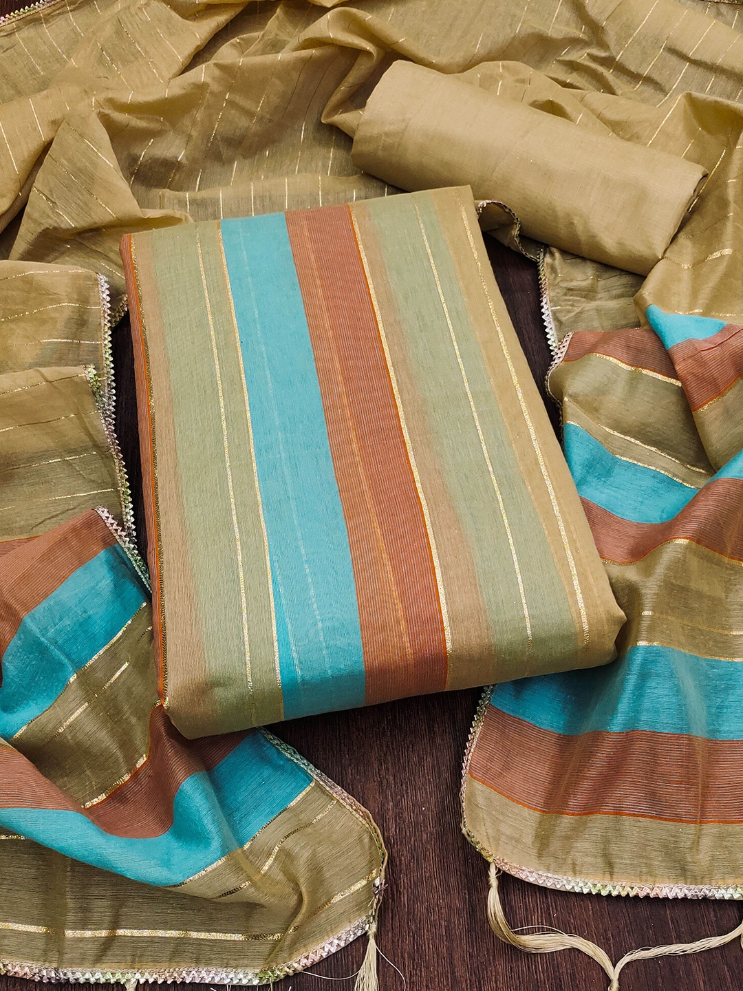 KALINI Striped Unstitched Dress Material, Khaki