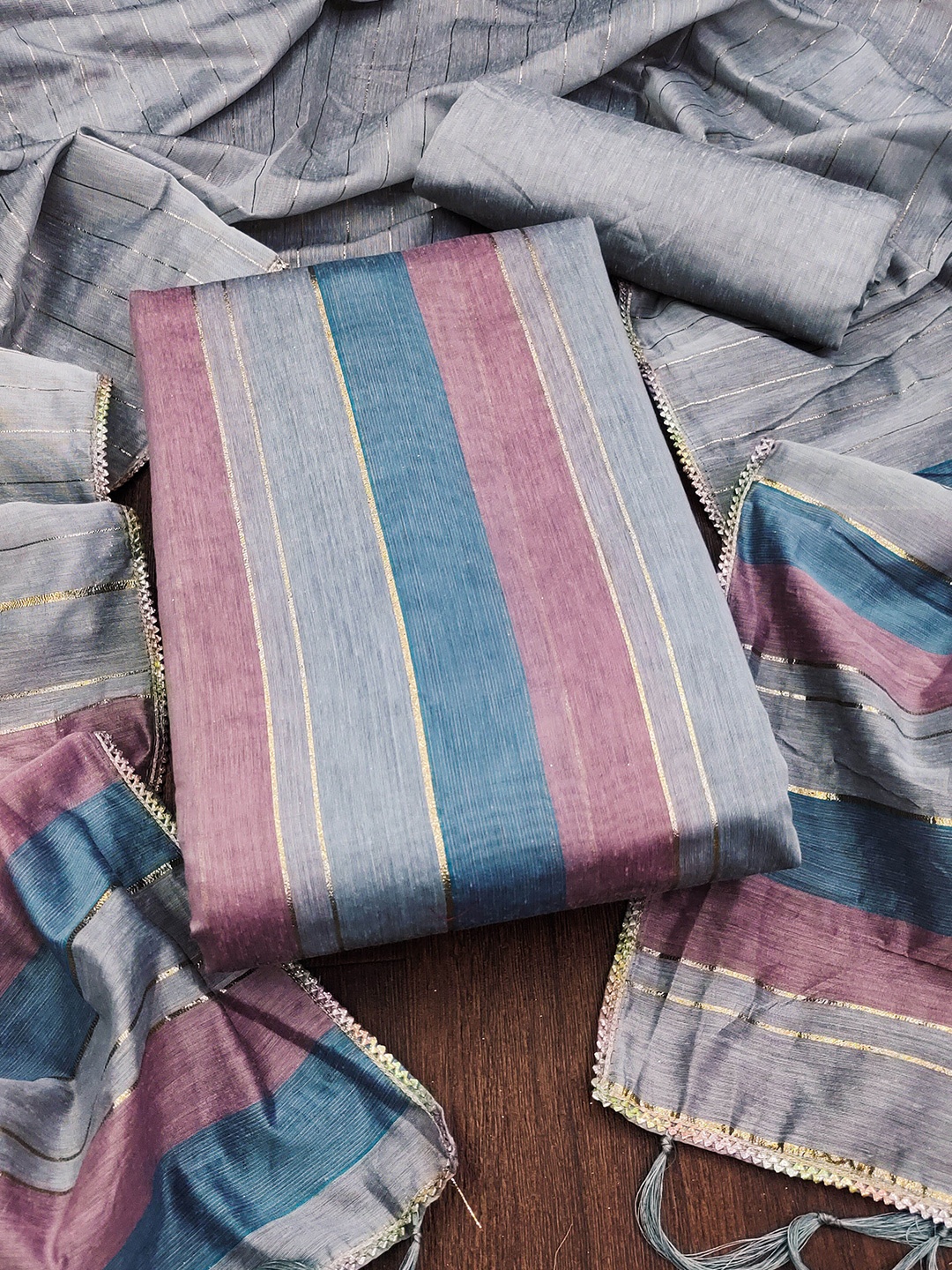 

KALINI Striped Dress Material With Dupatta, Grey