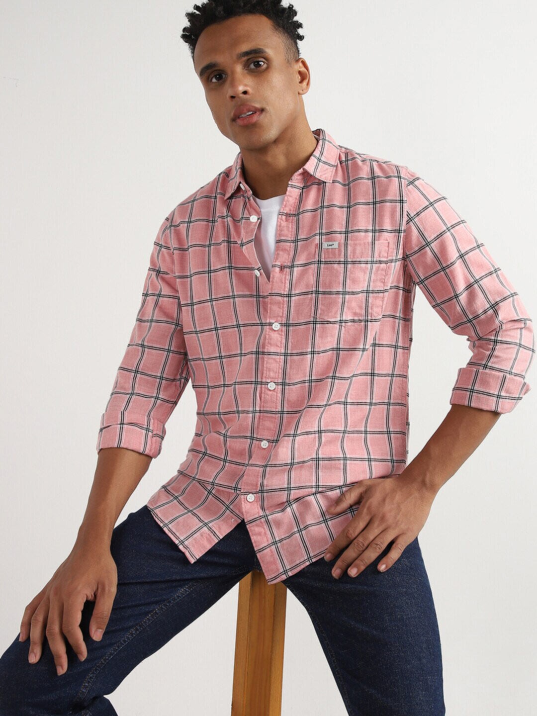 

Lee Slim Fit Windowpane Checked Casual Cotton Shirt, Pink