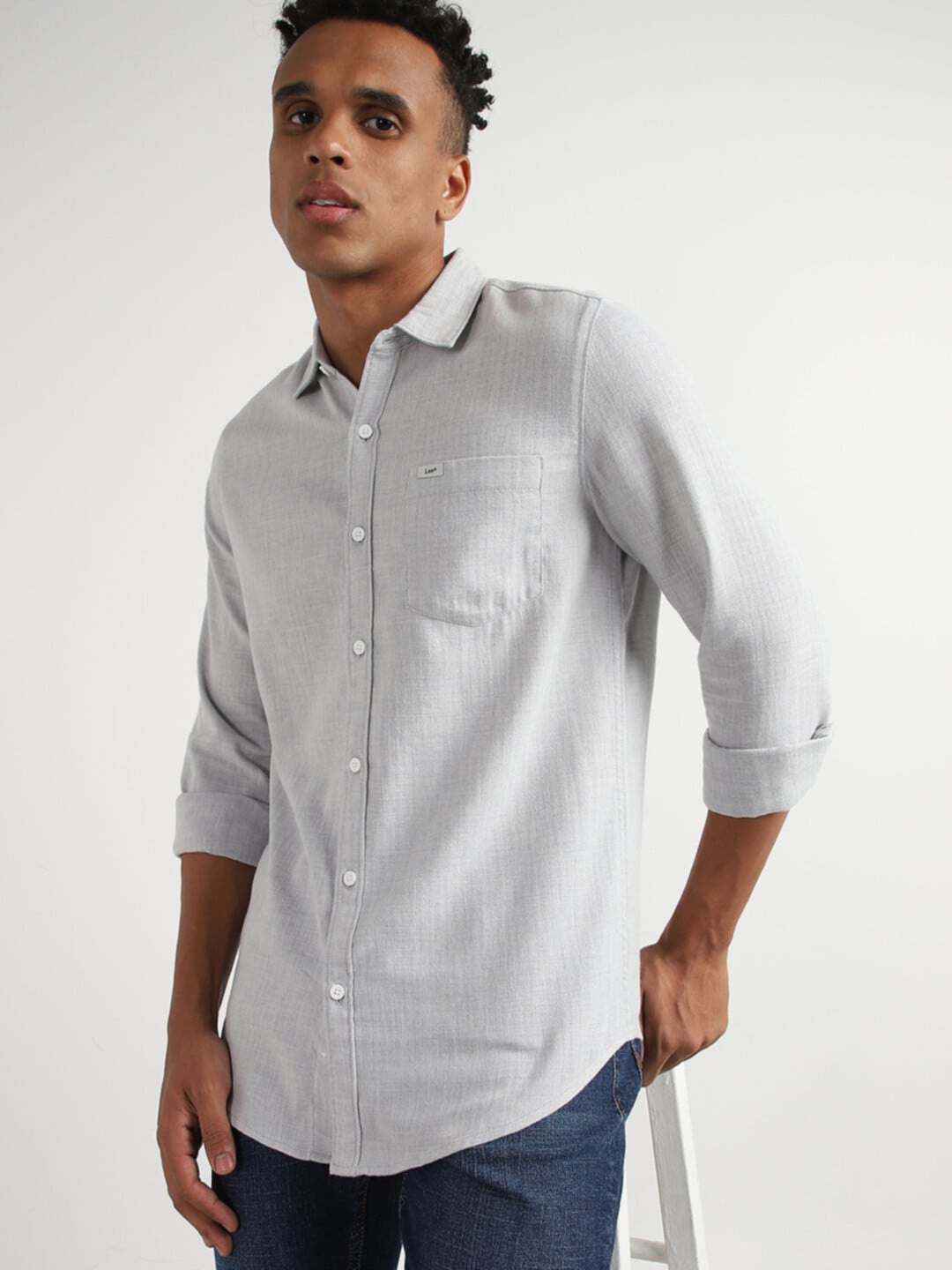 

Lee Spread Collar Long Sleeves Slim Fit Opaque Casual Organic Cotton Shirt, Grey