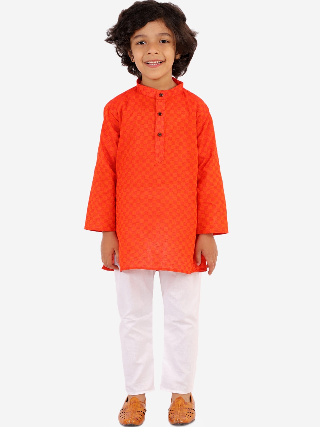 

Superminis Boys Checked Pure Cotton Kurta with Pyjamas, Orange