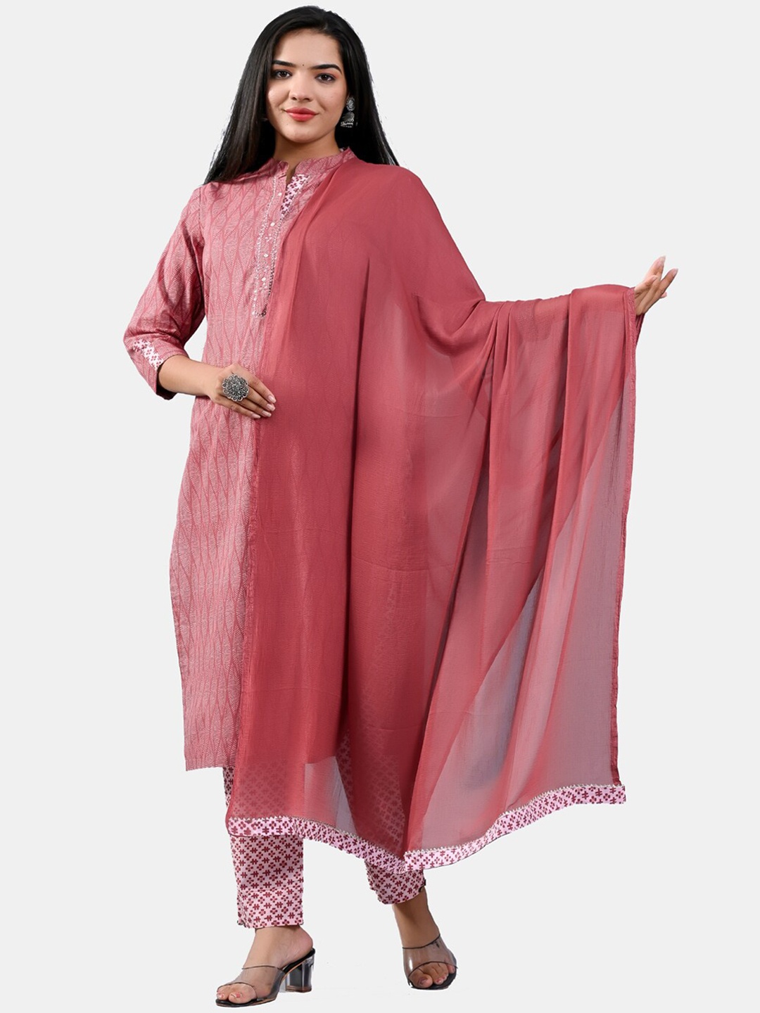 

KALINI Printed Regular Mirror Work Pure Cotton Kurta With Trousers & Dupatta, Pink