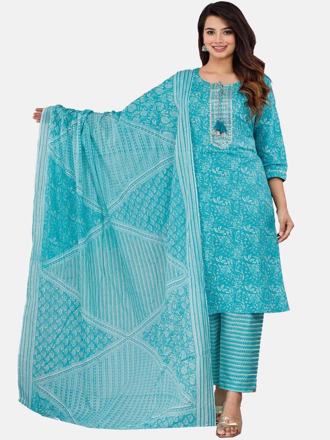 

KALINI Floral Printed Gotta Patti Pure Cotton Kurta with Trousers & Dupatta, Turquoise blue